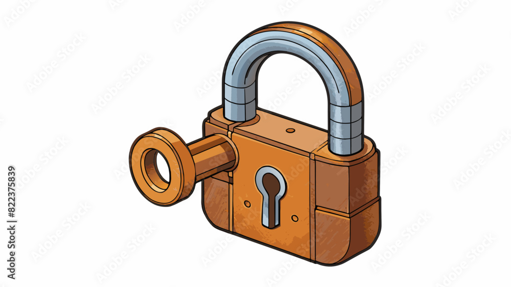 Poster a large cylindricalshaped lock often seen on gates or fences. the body of the lock is made of rustre