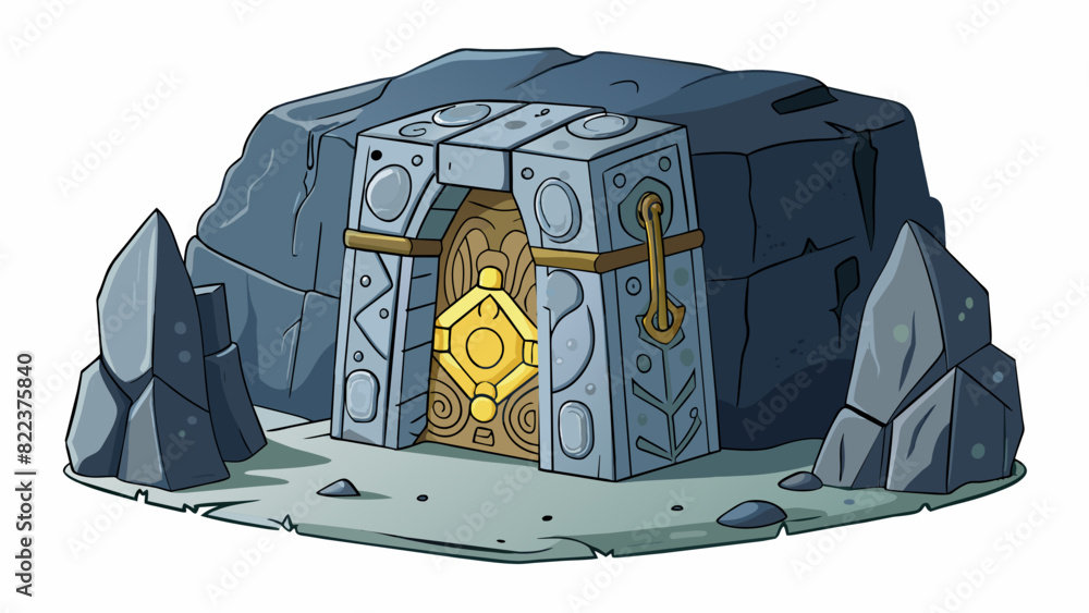 Poster a large heavy block of stone with intricate carvings and symbols covering its surface. it sits at th