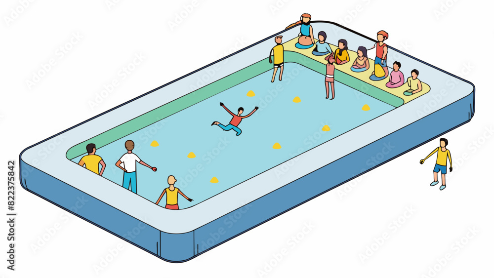 Poster A large rectangular pool filled with clear water is surrounded by a diverse crowd of people. In the middle of the pool a person is standing on a. Cartoon Vector