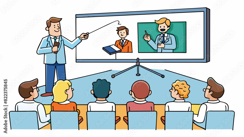 Poster A large projector screen hung from the ceiling displaying a series of slides as the lecturer clicked through them with a remote. The room was silent. Cartoon Vector