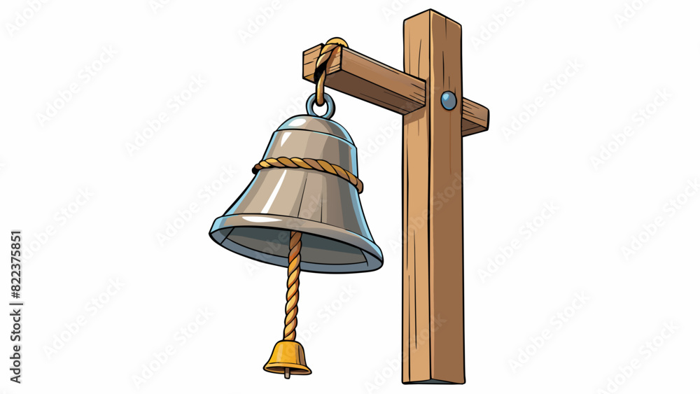 Poster a large metal bell attached to a wooden post with a rope dangling from it. the metal has a dull rust