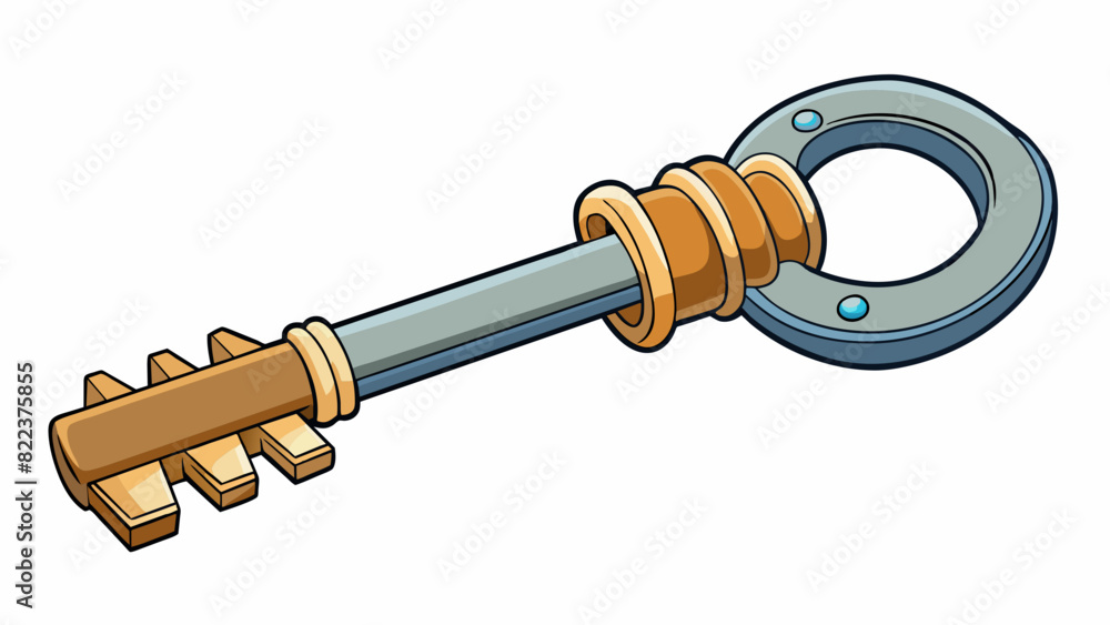 Poster A large metal key twists in a lock its sharp teeth perfectly fitting into the corresponding grooves. It is sy and durable made to withstand repeated. Cartoon Vector