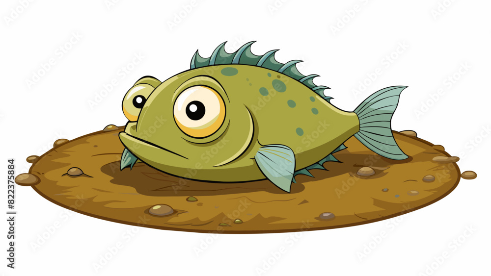 Poster a large roundeyed fish with a flat wide body and long droopy fins resting at the bottom of a murky p