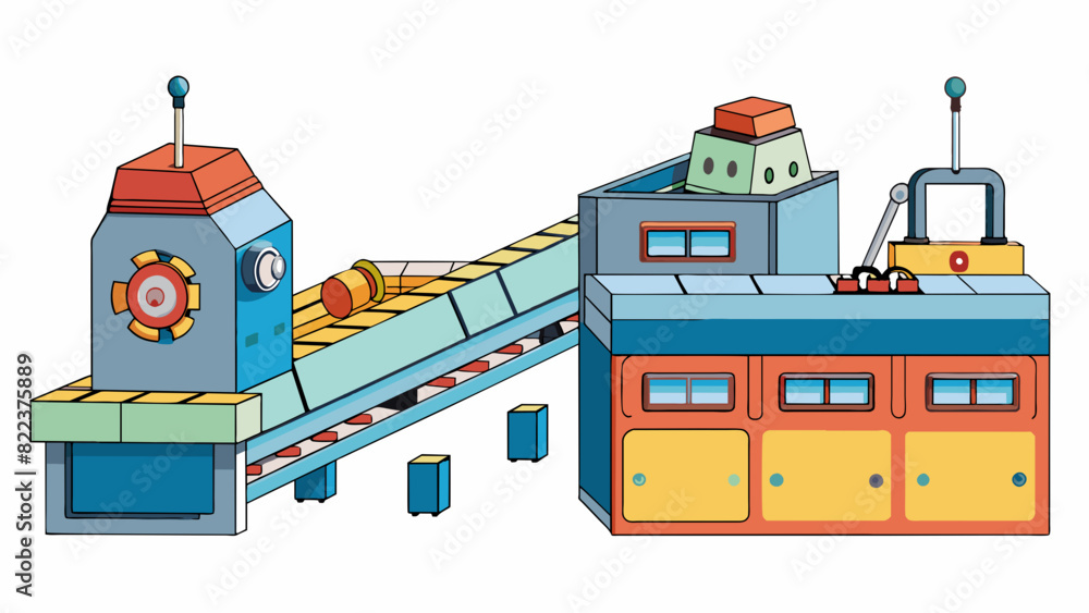 Poster A large sy machine with various levers and buttons surrounded by conveyor belts and moving parts. It is used in a factory to produce goods at a fast. Cartoon Vector