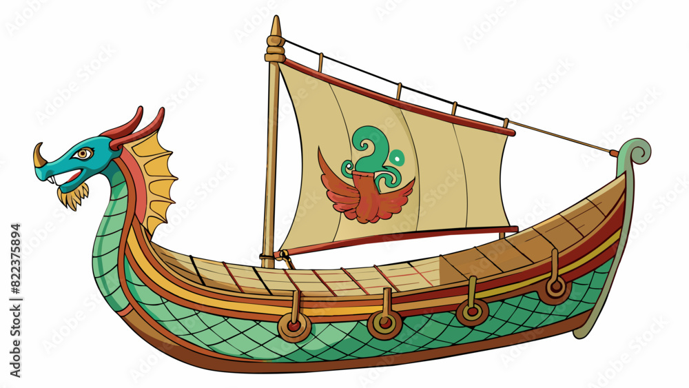 Poster a large traditional boat with a triangular sail arched high above the deck. made of sy weathered woo