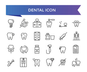 Dental icon collection. Related to tooth, dentist, toothpaste, toothbrush, teeth, implant and dentistry icons. Line icon set.