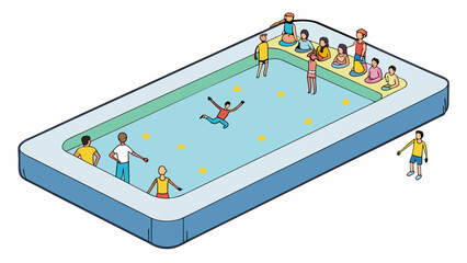 A large rectangular pool filled with clear water is surrounded by a diverse crowd of people. In the middle of the pool a person is standing on a. Cartoon Vector