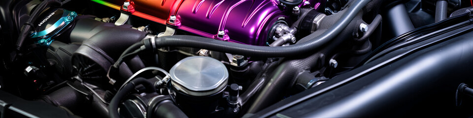 The intricate design of the high-performance vehicle's customized intake manifold is highlighted in studio lighting