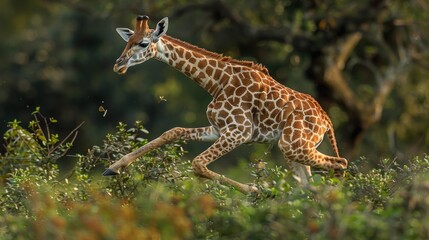 Obraz premium A clumsy giraffe taking a tumble, its long legs tangled in comical fashion, as it tries to reach a high leaf.
