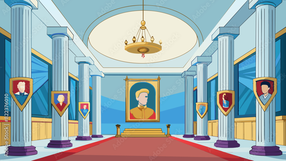 Poster a marble hall with tall columns and a high ceiling where portraits of past rulers line the walls and