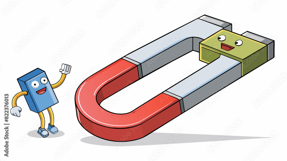 Poster A magnet attracting a paperclip from a distance pulling it towards itself with immense strength. The paperclip is made of metal and is small and. Cartoon Vector