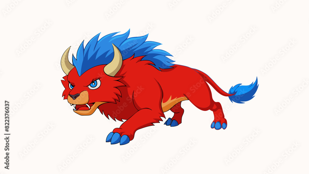 Poster a majestic beast with a mane of fiery red fur and sharp pointed horns. its piercing blue eyes showed