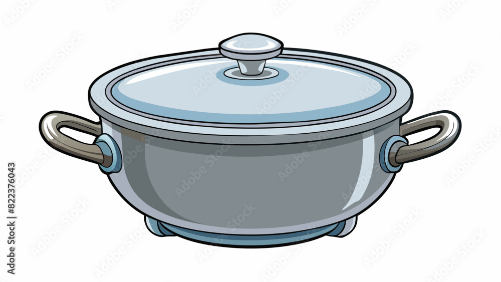 Poster a metal cooking pot with a thick base and curved walls. it has two sy handles on either side for eas