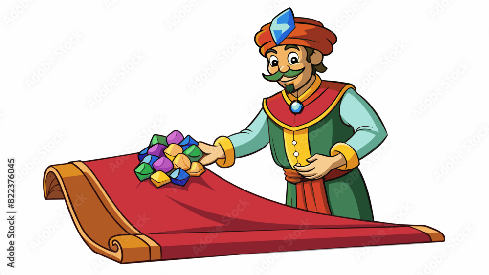 Canvas Prints A merchant trading a handful of shiny gemstones for a bolt of luxurious silky fabric. The gemstones are smooth and radiate light while the fabric is. Cartoon Vector