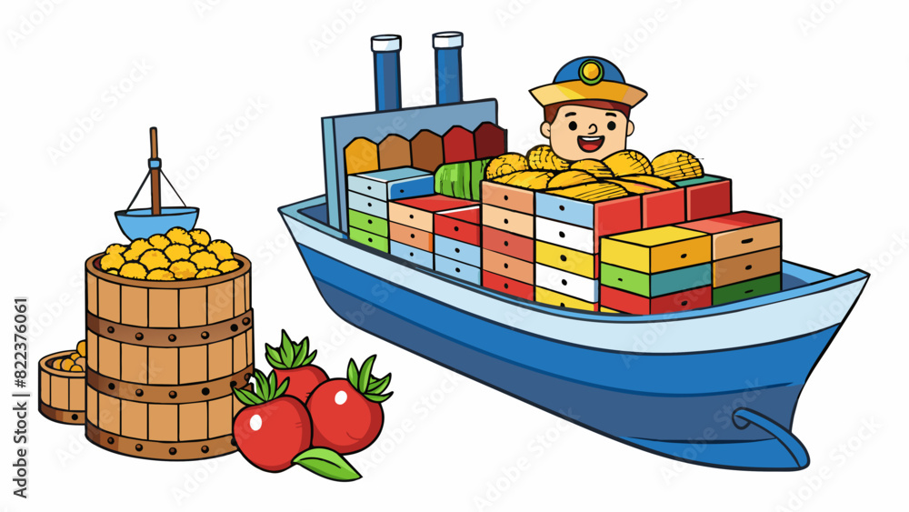 Poster a merchant ship arriving at a foreign port and trading barrels of es for exotic fruits and grains. t