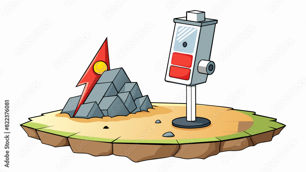 Poster a metal post juts out of the ground topped with a small solar panel that powers a blinking red light