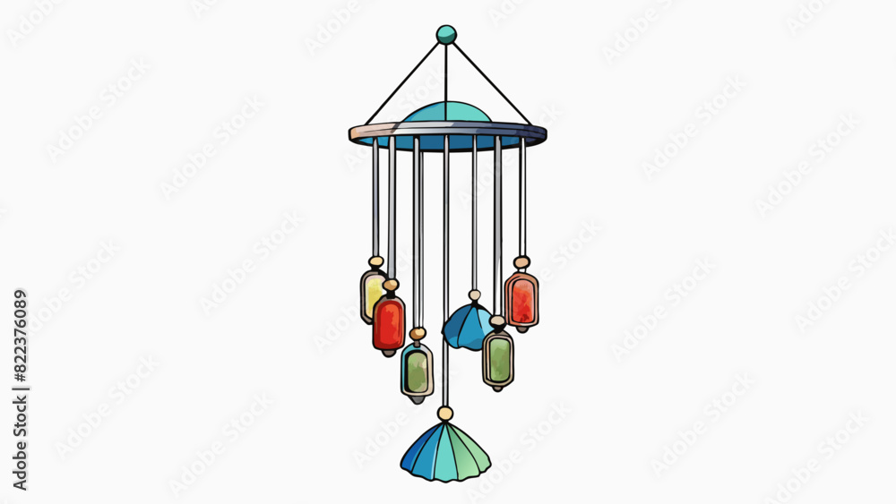 Poster A metal wind chime handcrafted with various objects such as stained glass pieces and seashells hanging from sy strings. The chimes create a soothing. Cartoon Vector