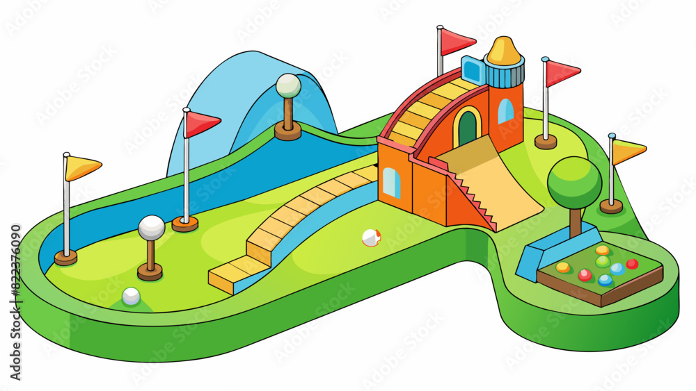 Poster a mini golf course this fun object is a compact version of a traditional golf course with colorful o