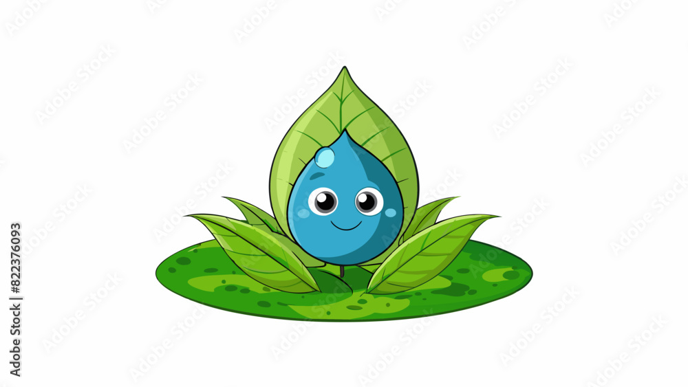 Poster a minuscule droplet of water sitting on a leaf in a rainforest. its surface is perfectly round and r