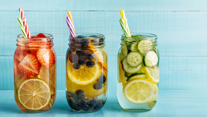 Detox fruit infused water. Refreshing summer homemade cocktail