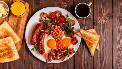 Traditional full English breakfast with fried eggs, sausages, beans, mushrooms, grilled tomatoes and bacon on wooden background.