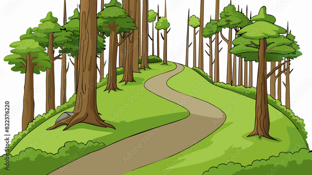 Poster a narrow winding trail through a dense forest with tall mosscovered trees towering overhead. the gro
