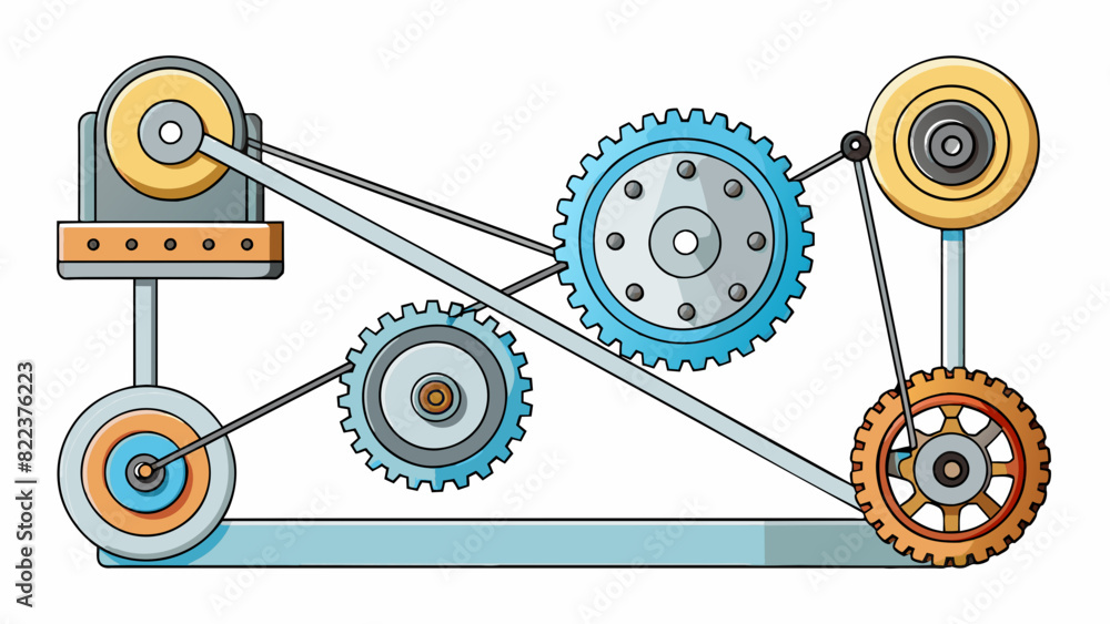 Poster An assembly of gears belts and pulleys connected to a motor and housed in a sy metal frame. It moves with precision and power precisely ting and. Cartoon Vector