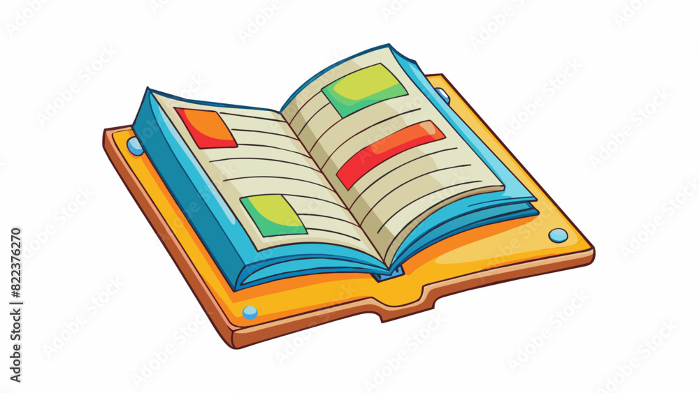 Poster Angle D The open pages of a book forming a right angle with one page containing colorful illustrations and the other page filled with text.. Cartoon Vector