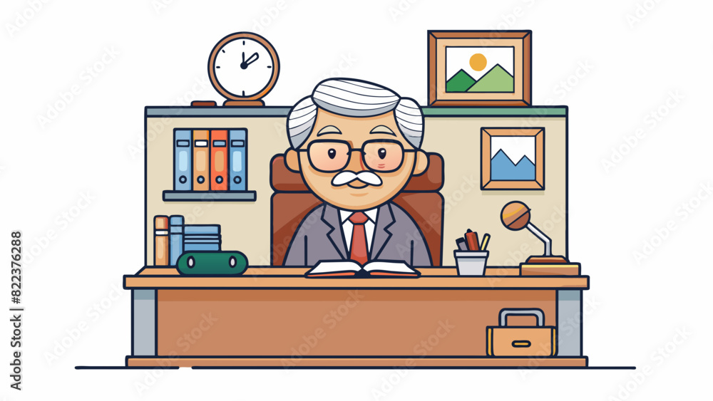 Poster an oldfashioned principal seated behind a cluttered desk in a small office adorned with motivational