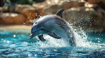 Fototapeta premium A playful dolphin leaping out of the water, its body gleaming in the sunlight, as it performs a spectacular acrobatic display.
