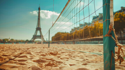 Beach volleyball net and sand with the Eiffel Tower in the background. Olympic Games Concept.