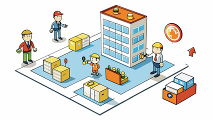 An emergency evacuation plan for an office building The plan includes clearly marked evacuation routes and designated meeting points outside the. Cartoon Vector
