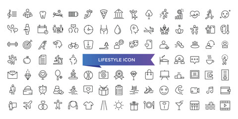 Lifestyle icon collection. Related to healthy lifestyle, diet, exercise, sleep, relationships, running, routine, self-care, culture and hobbies icons. Line icon set.