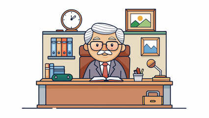 An oldfashioned principal seated behind a cluttered desk in a small office adorned with motivational posters. Their thickrimmed glasses and the sound. Cartoon Vector