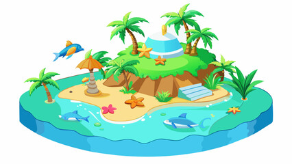 An exotic island getaway You arrive at a remote island surrounded by sparkling turquoise waters. Palm trees sway in the warm breeze and white sand. Cartoon Vector