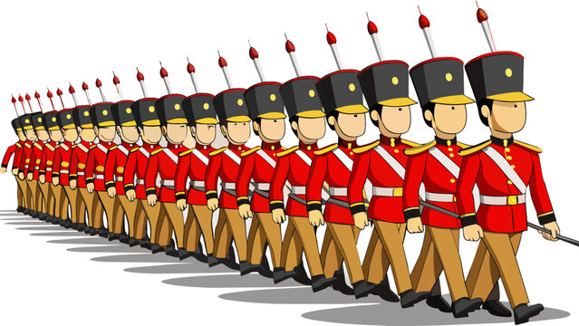 An army of synchronized soldiers marching in a parade with precise movements and straight posture displaying discipline and unity.. Cartoon Vector