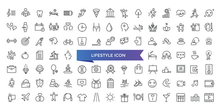 Lifestyle icon collection. Related to healthy lifestyle, diet, exercise, sleep, relationships, running, routine, self-care, culture and hobbies icons. Line icon set.