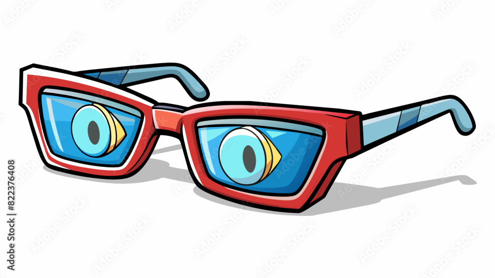 Poster A pair of glasses with a missing screw causing one lens to be crooked and constantly slipping down the wearers nose making it hard to see properly.. Cartoon Vector