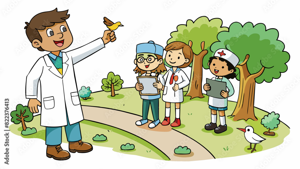 Poster a patient guide on a hiking trail carefully pointing out different types of trees and birds while sh