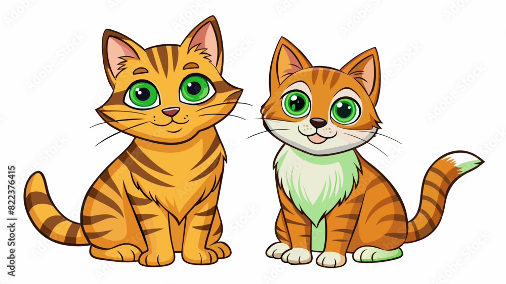 Poster a pair of friendly tabby cats the first has a short shiny coat and big golden eyes while the second 