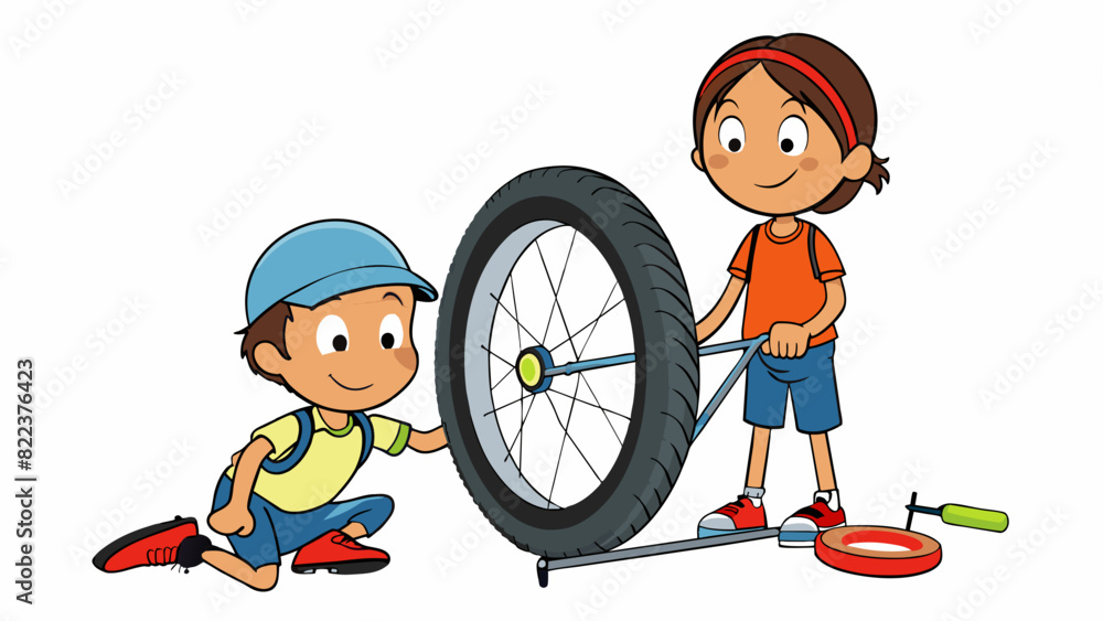 Poster a pair of strong calloused hands expertly fixing a bicycle tire much to the joy of his eager child w