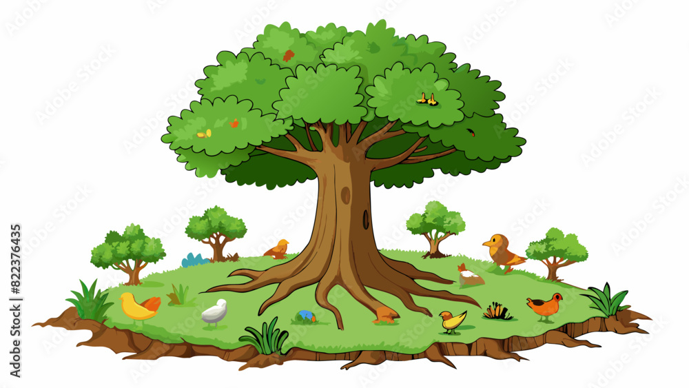 Poster A patch of earth in a lush forest is the source of a towering majestic oak tree. Its sy trunk stands tall and its branches stretch out wide providing. Cartoon Vector