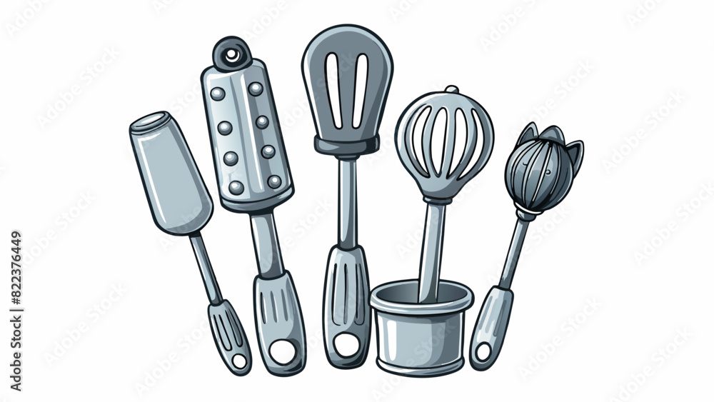Poster A perfectly matched set of kitchen utensils all made of silver with the same design and size.. Cartoon Vector