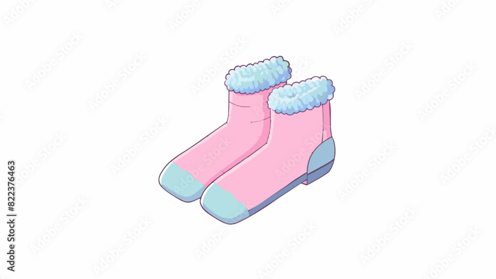Poster a pair of cozy socks one is a soft fluffy material in a pastel pink color while the other is a thick