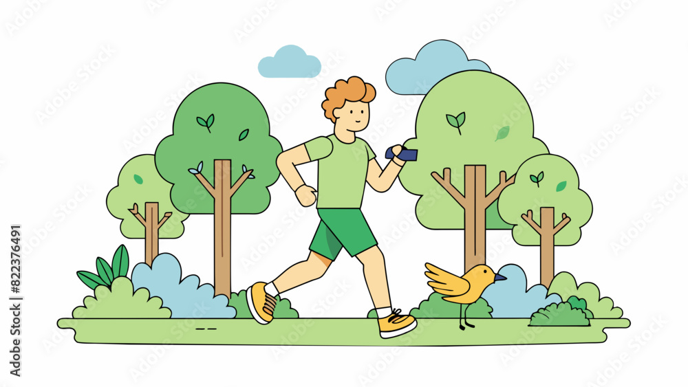 Poster a person jogging in a park wearing running shoes and a fitness tracker on their wrist. the trail is 