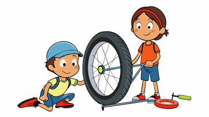 A pair of strong calloused hands expertly fixing a bicycle tire much to the joy of his eager child whos patiently waiting to ride again.. Cartoon Vector