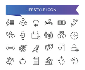 Lifestyle icon collection. Related to healthy lifestyle, diet, exercise, sleep, relationships, running, routine, self-care, culture and hobbies icons. Line icon set.