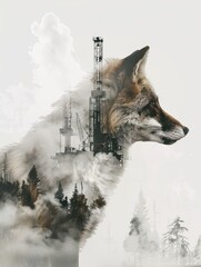 Double exposure of a fox in front of the oil refinery. Environmental concept.