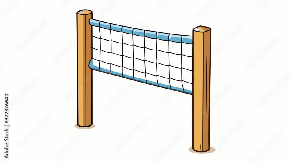 Poster A rectangular net made of string and tied to a wooden pole used for playing volleyball on the beach.. Cartoon Vector