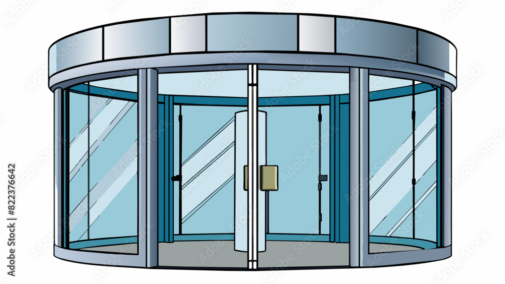 Poster A revolving door in a large office building designed to allow people to enter and exit simultaneously. The door has multiple glass panels and rotates. Cartoon Vector